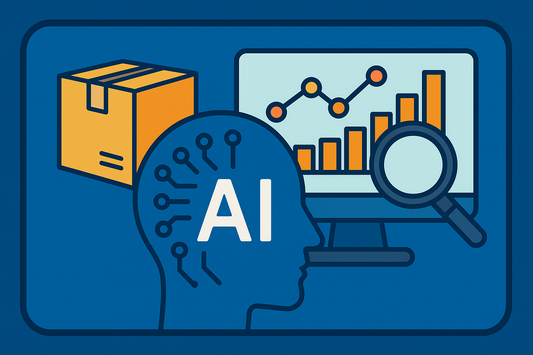Vector illustration of AI-powered wholesale product research for Amazon FBA, showing an AI head, shipping box, and analytics dashboard.