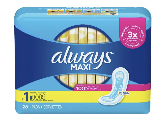 Always Maxi Daytime Pads Without Wings, Size 1, Regular, Unscented, 28 CT