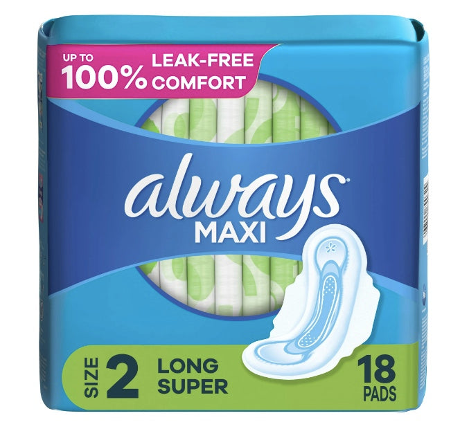 Always Maxi Daytime Pads with Wings, Size 2, Long, Unscented, 18 Ct