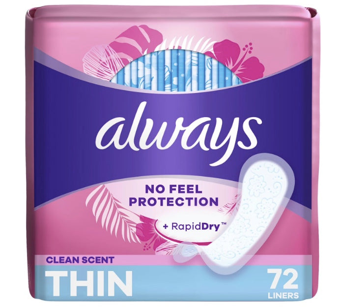 Always Thin No Feel Protection Daily Liners, Regular Absorbency, Scented, 72CT