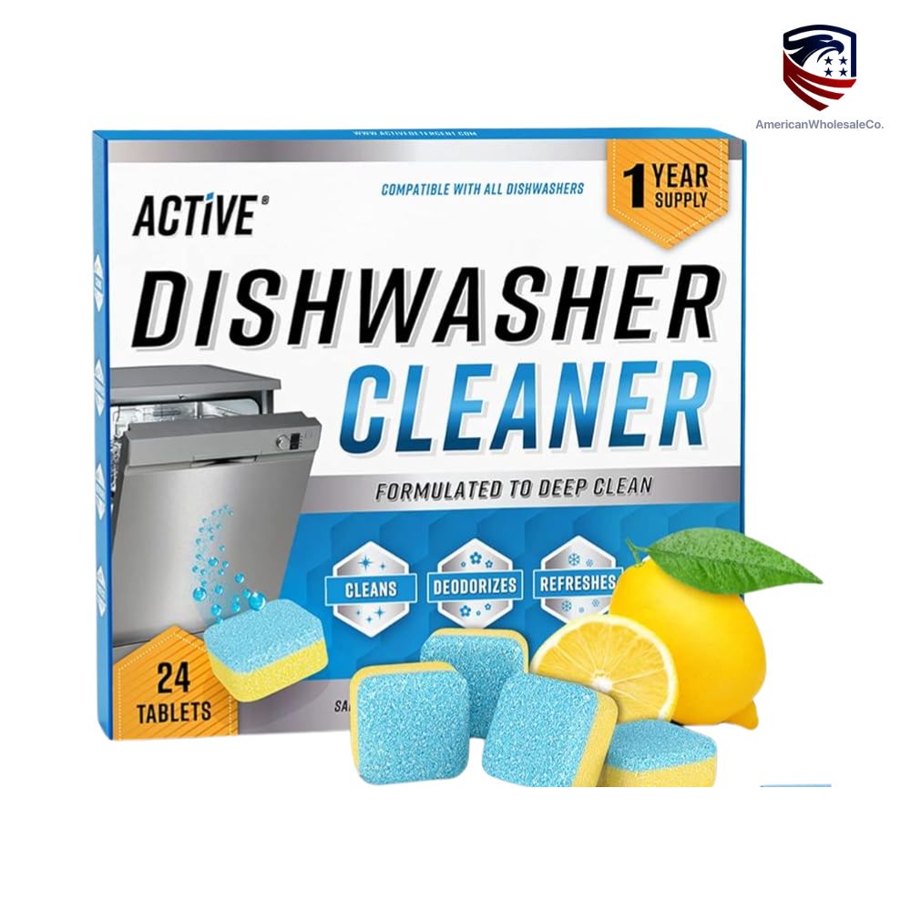 Box of Active Washing Machine Cleaner Descaler tablets, 24 pack, for deep cleaning and deodorizing. (Ideally, the image should show "Washing Machine Cleaner" if that's the product title. If using the "Dishwasher Cleaner" box image, the alt text should reflect that, e.g., "Box of Active cleaning tablets, 24 pack, lemon scent." - This discrepancy should be resolved for best results.)