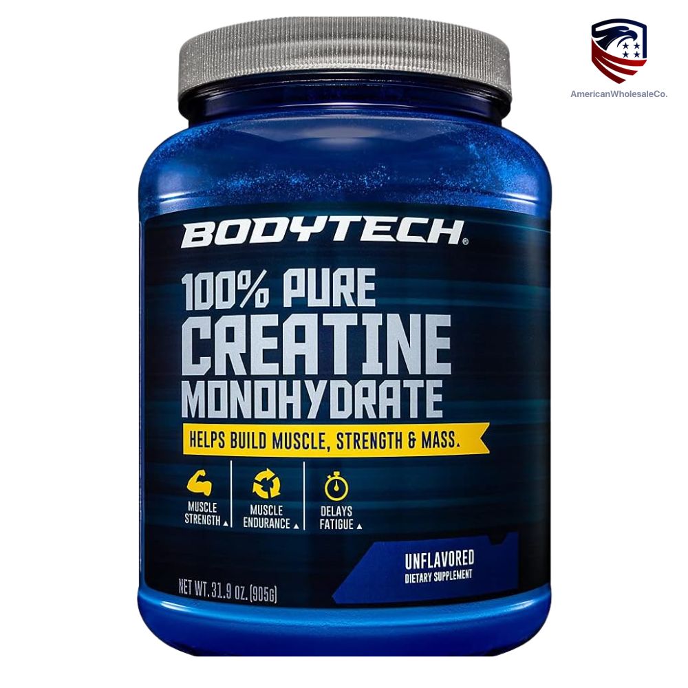 Tub of BodyTech 100% Pure Creatine Monohydrate powder, unflavored, 500g, for muscle building and strength.