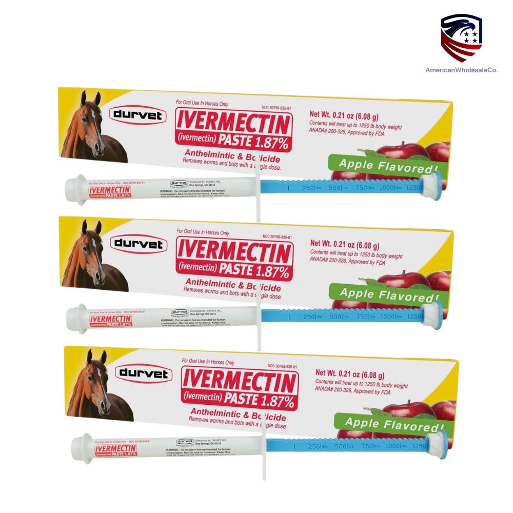 Three boxes of Durvet Ivermectin Paste 1.87% Apple Flavored horse wormer, 6.08g syringes - pack of 1 -- wholesale -- american wholesale co