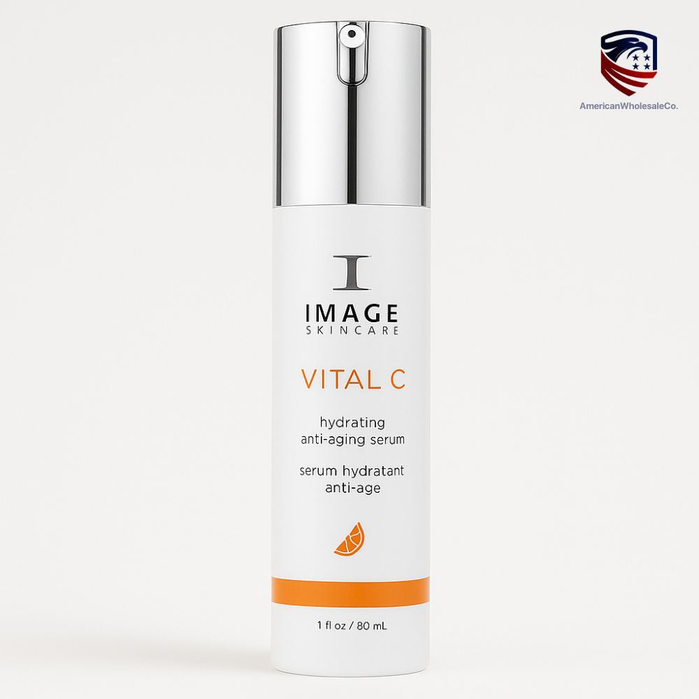 IMAGE Skincare Vital C Hydrating Anti-Aging Serum — 1.7 fl oz (50 mL) in sleek white and silver airless pump bottle with orange Vitamin C label - wholesale - americanwholesaleco
