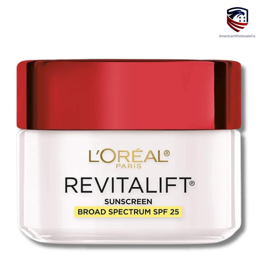 L’Oréal Paris Revitalift Sunscreen SPF 25 jar with red lid — broad spectrum daily moisturizer for sun protection and anti-aging skincare.