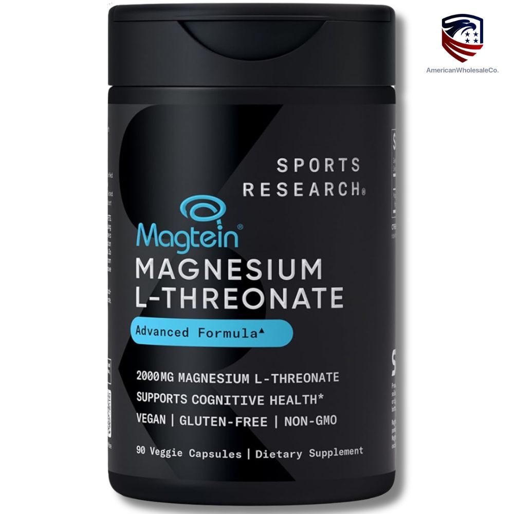 Bottle of Sports Research Magnesium L-Threonate — 90 veggie capsules — 2000 mg Magtein formula for cognitive support, vegan and non-GMO dietary supplement.