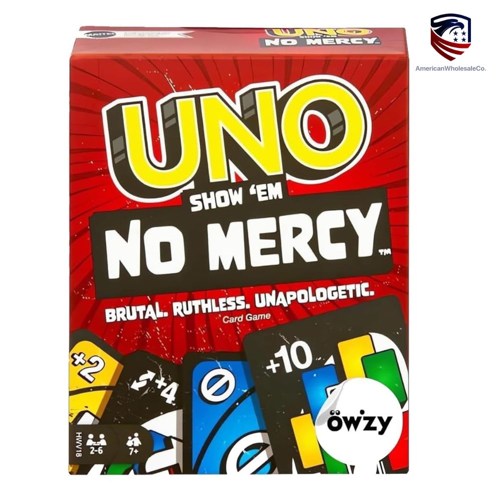 Box of Mattel UNO Show 'em No Mercy card game, highlighting its "Brutal, Ruthless, Unapologetic" tagline.