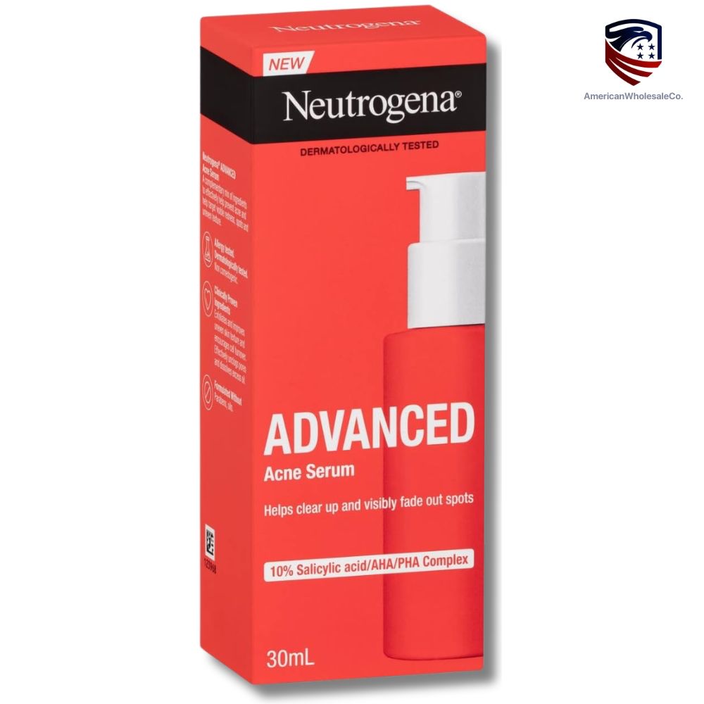 Retail packaging of Neutrogena Advanced Acne Serum — 30 mL — with 10% Salicylic Acid, AHA, and PHA Complex for spot treatment and acne control.