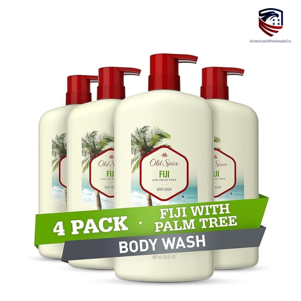4-pack of Old Spice Fiji Body Wash with Palm Tree scent — 887 mL (30 fl oz) pump bottles featuring tropical island design and value-pack banner.