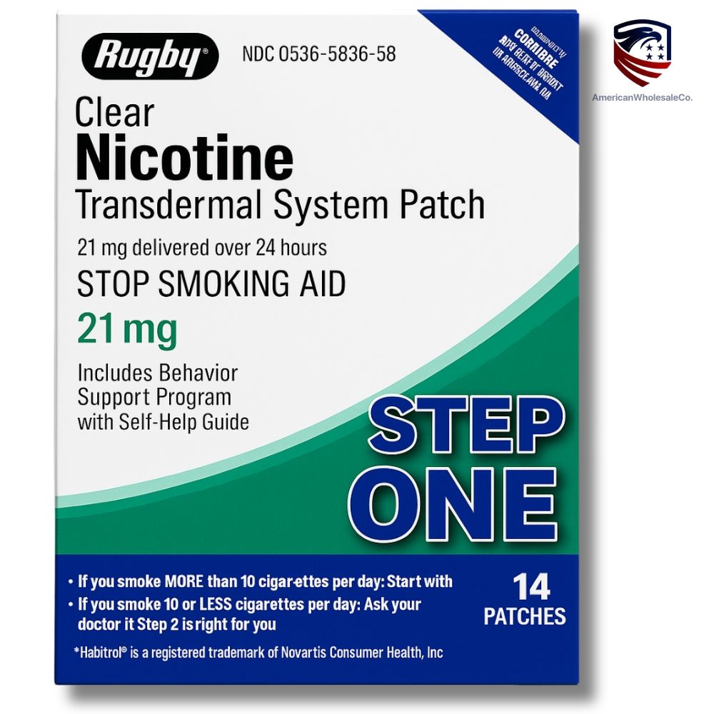 Retail box of Rugby Clear Nicotine Transdermal System Patch – Step One – 21 mg, 14 patches — wholesale - american wholesale co