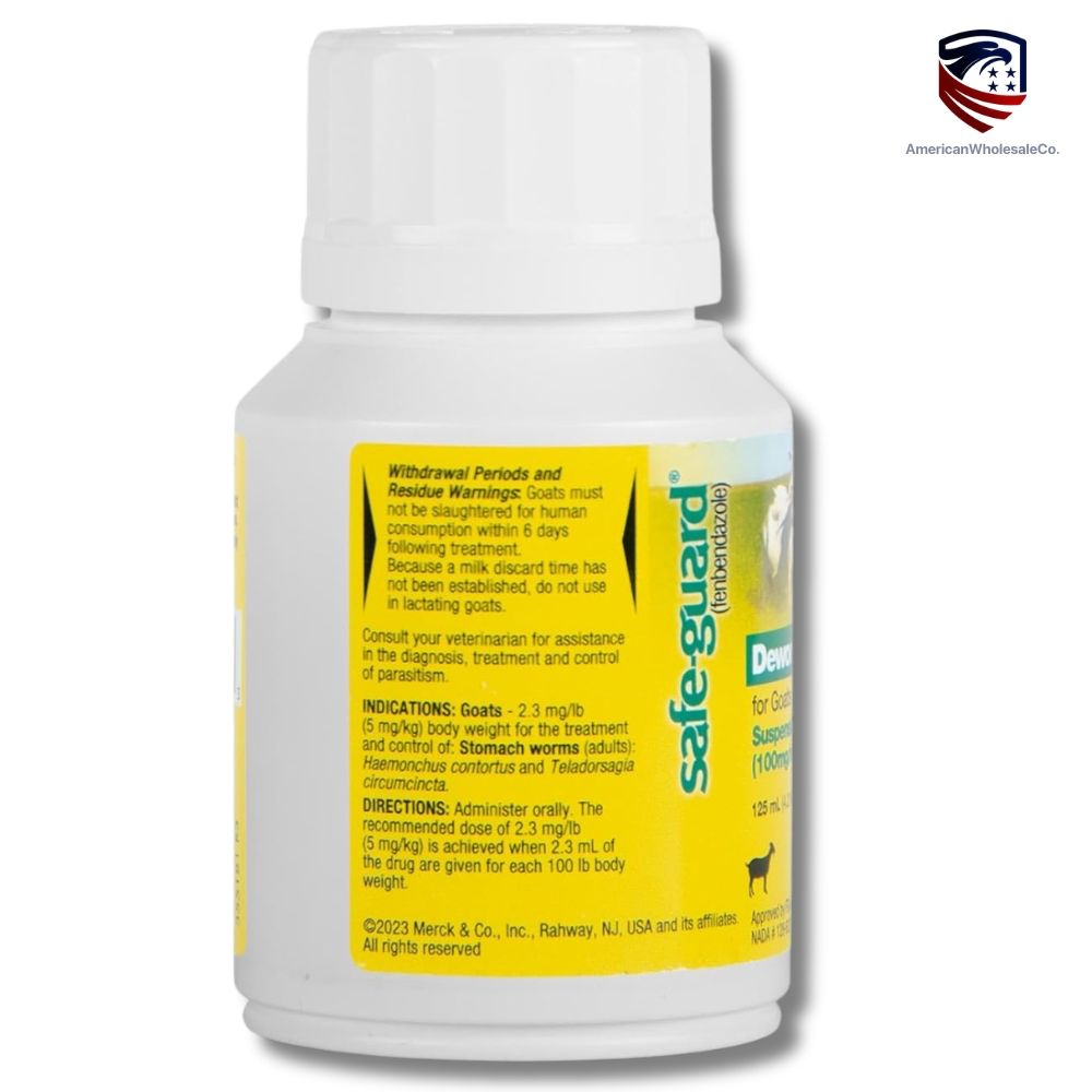 Bottle of Safe-Guard Dewormer Suspension for Goats — 125 mL — 10% Fenbendazole formula used for treating stomach worms in goats, featuring yellow FDA-compliant veterinary label.