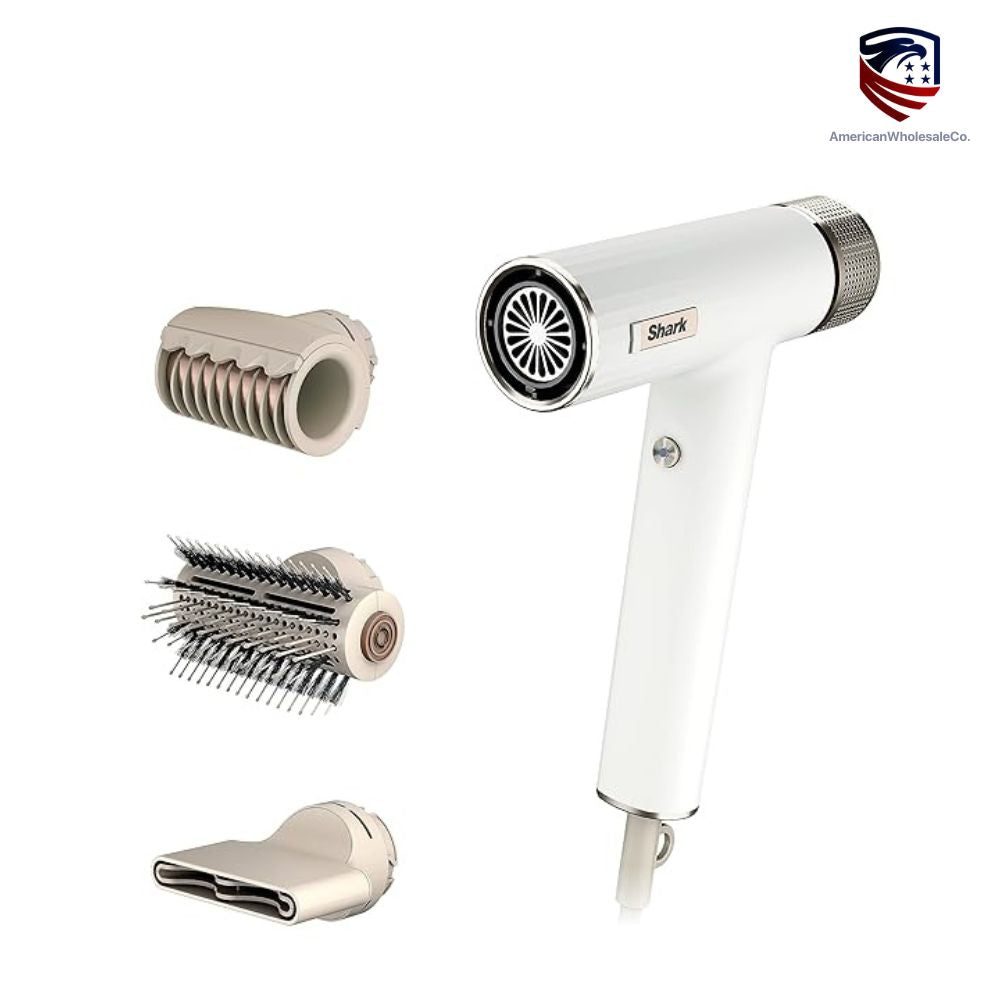 Shark Multi-Styler Hair Dryer in White with Gold Trim β Includes 3 Magnetic Attachments: Volume Brush, Styling Nozzle, and Curl Tool β wholesale - americanwholesaleco