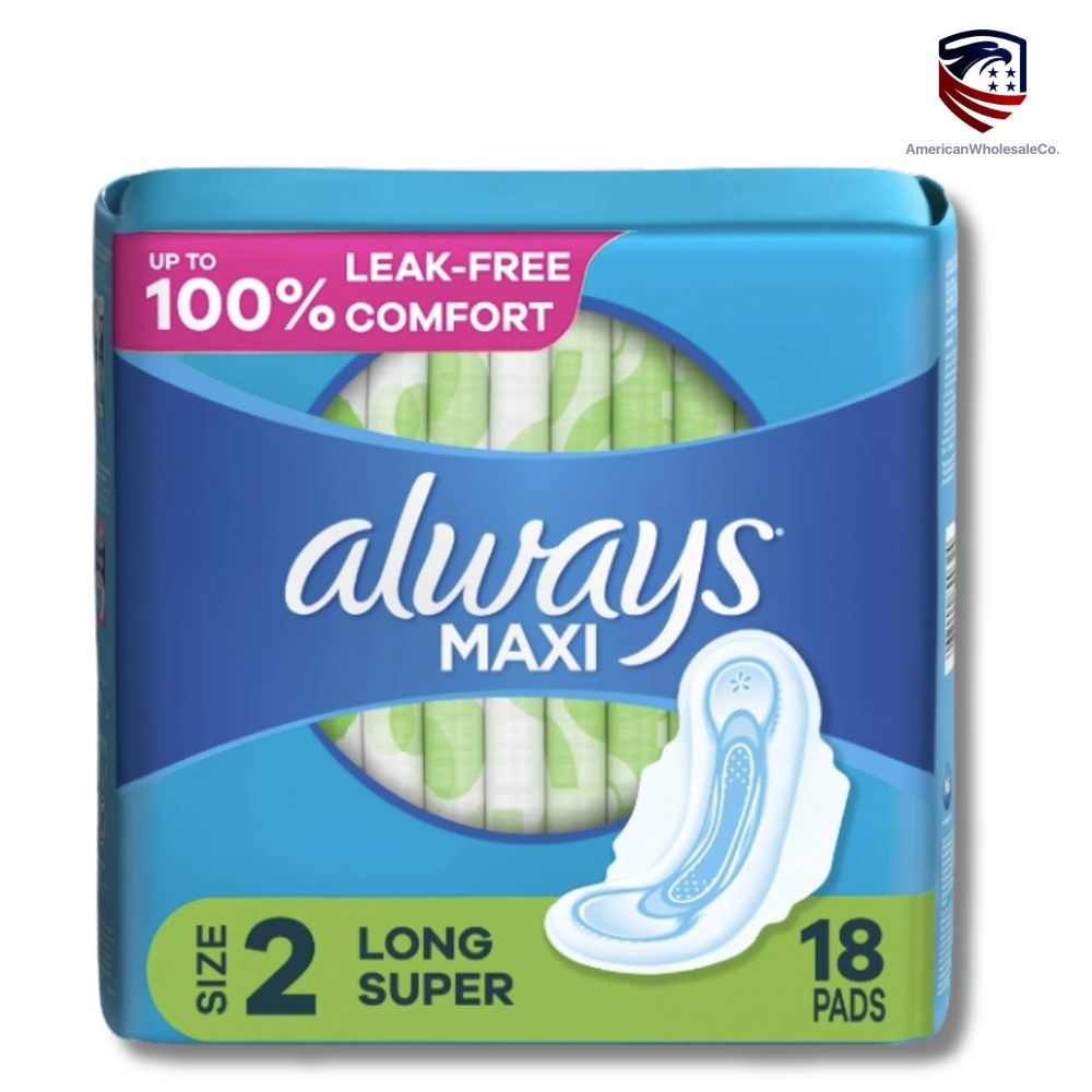 Always Maxi Daytime Pads with Wings, Size 2, Long, Unscented, 18 Ct