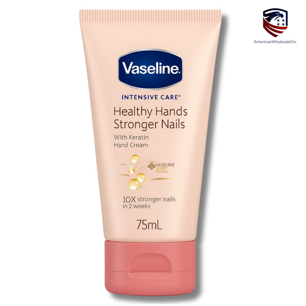 Vaseline Healthy Hands & Stronger Nails Hand Cream — 75 mL tube — keratin-enriched formula for dry hands and nail strengthening, in peach-colored retail packaging.