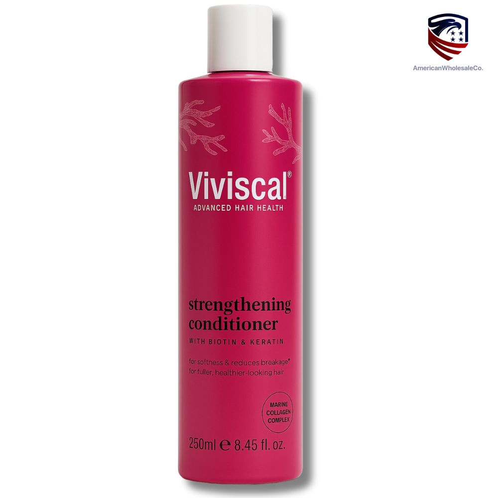 Viviscal Strengthening Conditioner — 8.45 fl oz (250mL) pink and white bottle with Biotin, Keratin, and Marine Collagen for stronger, fuller hair - wholesale - americanwholesaleco