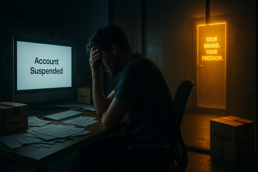 Stressed Amazon seller at night facing account suspension on screen, while a glowing door labeled "Your Brand. Your Freedom." offers a way out.