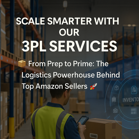“American Wholesale Co 3PL warehouse with Amazon FBA inventory being prepped and shipped”