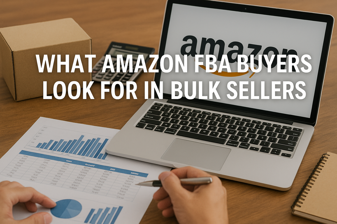 Workspace featuring a laptop with the Amazon logo, a cardboard box, printed sales charts, a calculator, and a notebook—styled to highlight the theme 'What Amazon FBA Buyers Look for in Bulk Sellers' in clean bold text