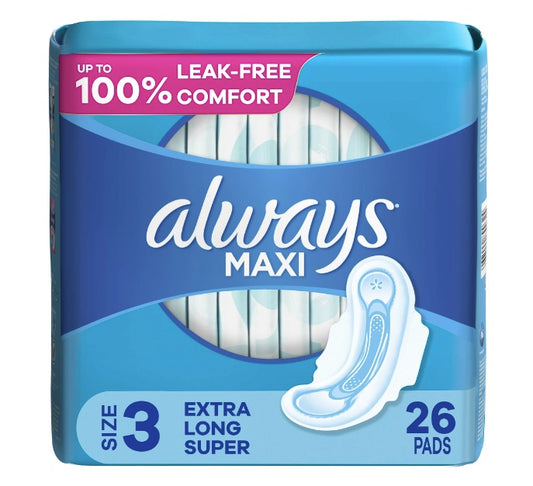 Always Maxi Pads with Wings, Size 3, Extra Long Super Absorbency, 26 Count