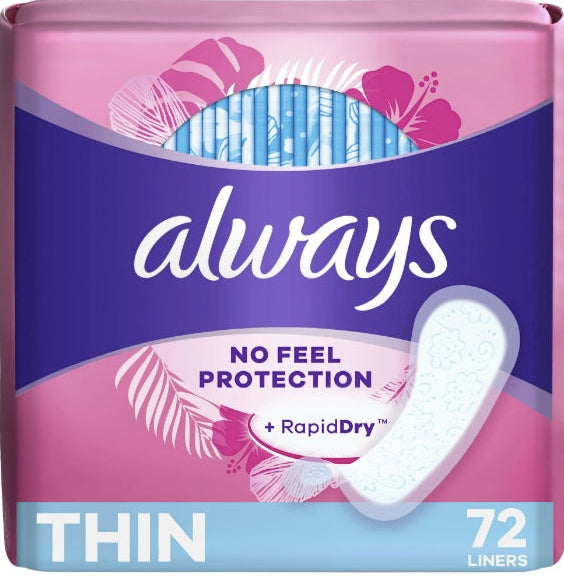 Always Thin No Feel Protection Daily Liners Regular Absorbency Unscented, 72 Ct