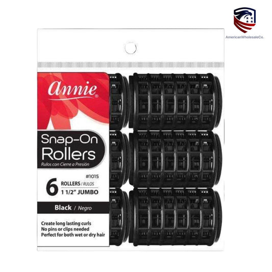Pack of 6 Annie Jumbo Snap-On Hair Rollers, 1 1/2 inch, black foam cylinders.