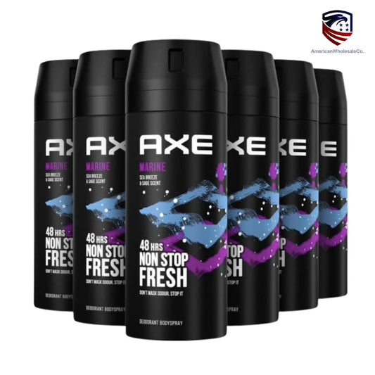 Six cans of Axe Marine Deodorant Body Spray for men, 150ml each, highlighting the 48-hour non-stop fresh promise