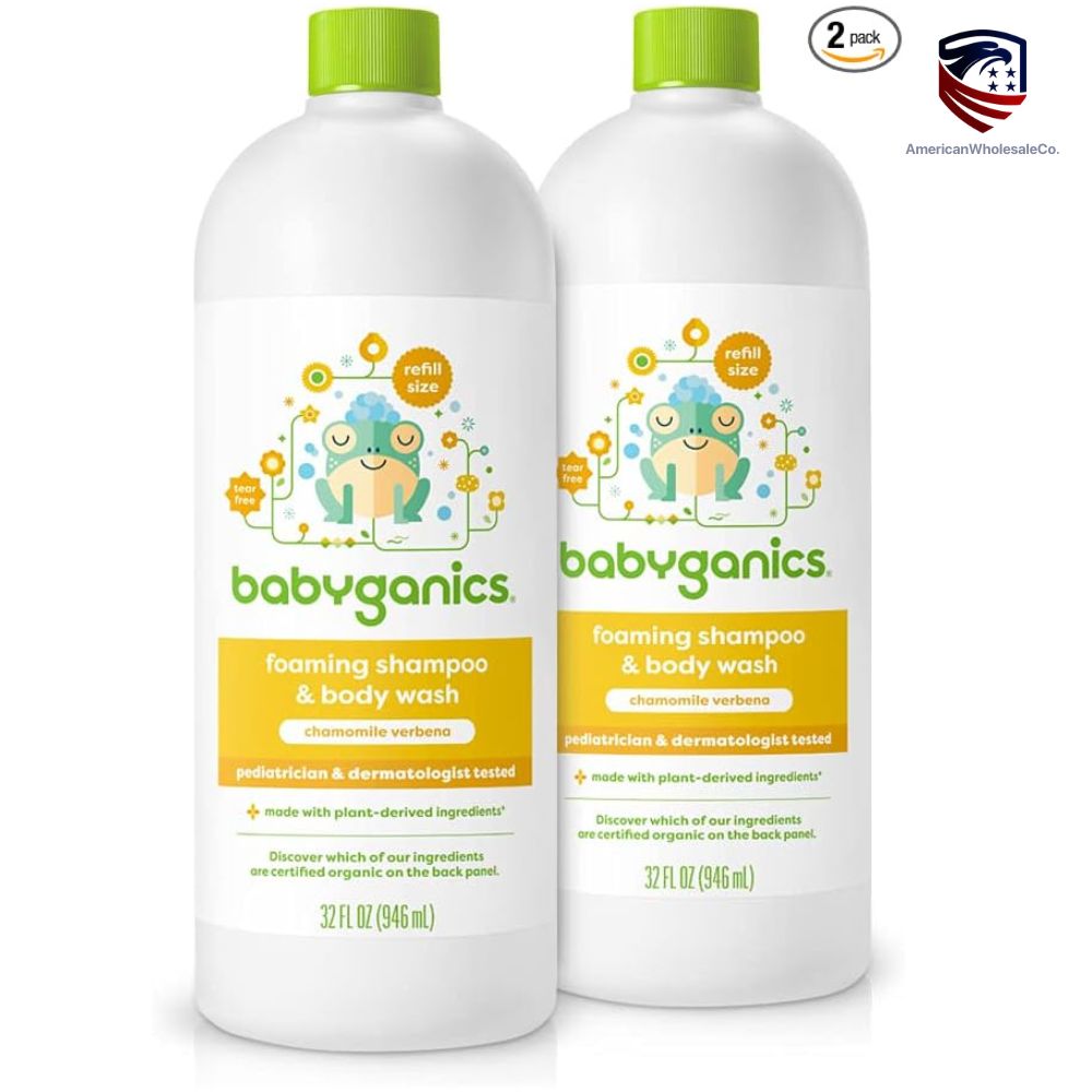 Babyganics Foaming Shampoo & Body Wash — 2-Pack Chamomile Verbena — 32 fl oz each — Tear-Free, Pediatrician-Tested Baby Cleanser with Green Cap and Refill Label
