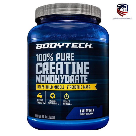 Tub of BodyTech 100% Pure Creatine Monohydrate powder, unflavored, 500g, for muscle building and strength.