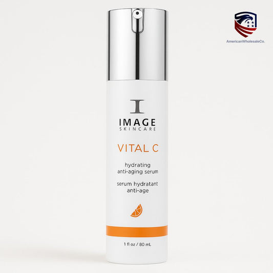 IMAGE Skincare Vital C Hydrating Anti-Aging Serum — 1.7 fl oz (50 mL) in sleek white and silver airless pump bottle with orange Vitamin C label - wholesale - americanwholesaleco

