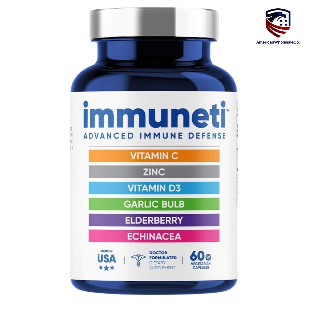 Bottle of Immuneti Advanced Immune Defense capsules, 6-in-1 formula with Vitamin C, D3, Zinc, Elderberry, Garlic, and Echinacea, 60 count.