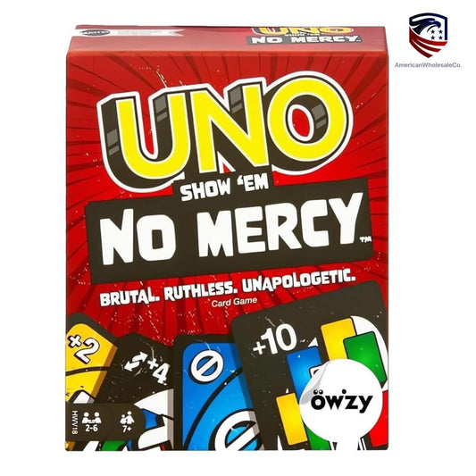 Box of Mattel UNO Show 'em No Mercy card game, highlighting its "Brutal, Ruthless, Unapologetic" tagline.