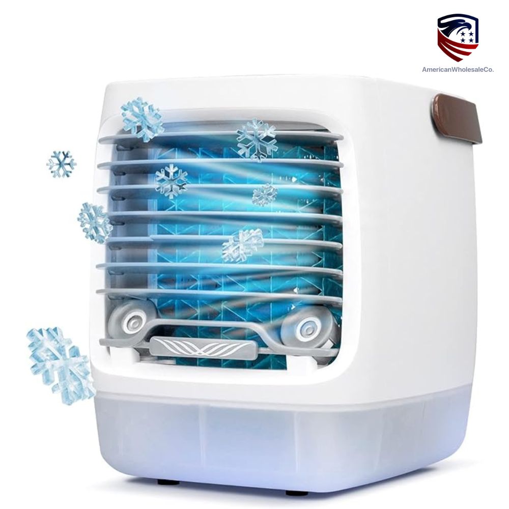 Mini portable USB-powered air cooler with blue cooling grid — desktop AC fan and humidifier combo for personal use and summer cooling.