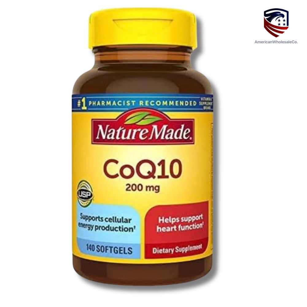 Bottle of Nature Made CoQ10 200 mg softgels, 140 count, for cellular energy and heart function support.