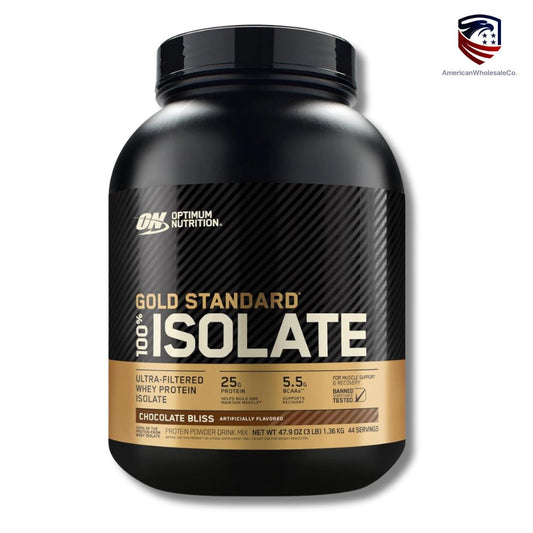 Tub of Optimum Nutrition Gold Standard 100% Isolate, Chocolate Bliss flavor, 3 pounds.