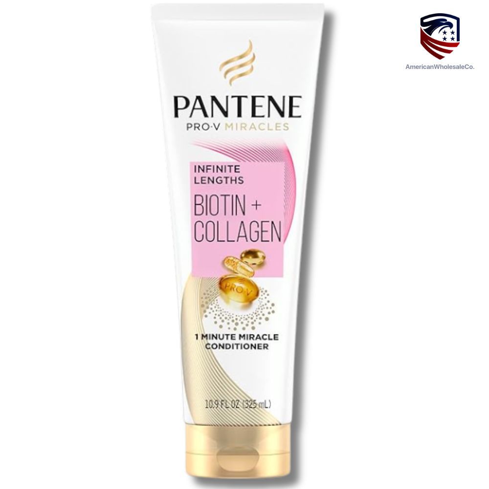  Pantene Pro-V Miracles Infinite Lengths Biotin + Collagen Conditioner tube — 10.9 fl oz — 1 Minute Miracle formula for strengthening and lengthening hair, shown in white and gold packaging with pink label.