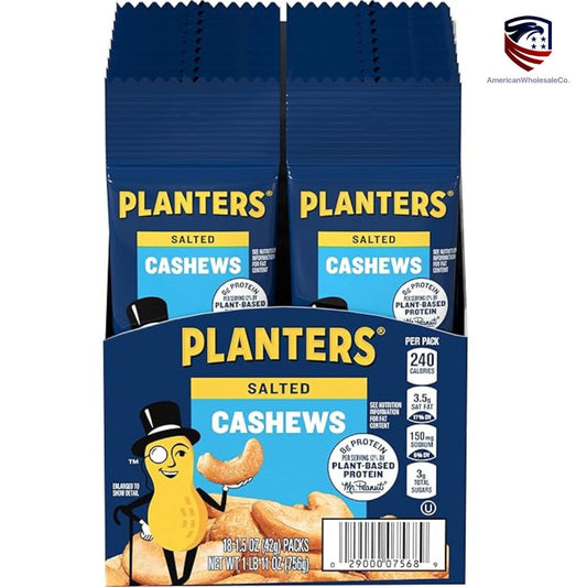 Planters Salted Cashews – 18 individual snack packs in blue retail display box - wholesale - american wholesale co 
