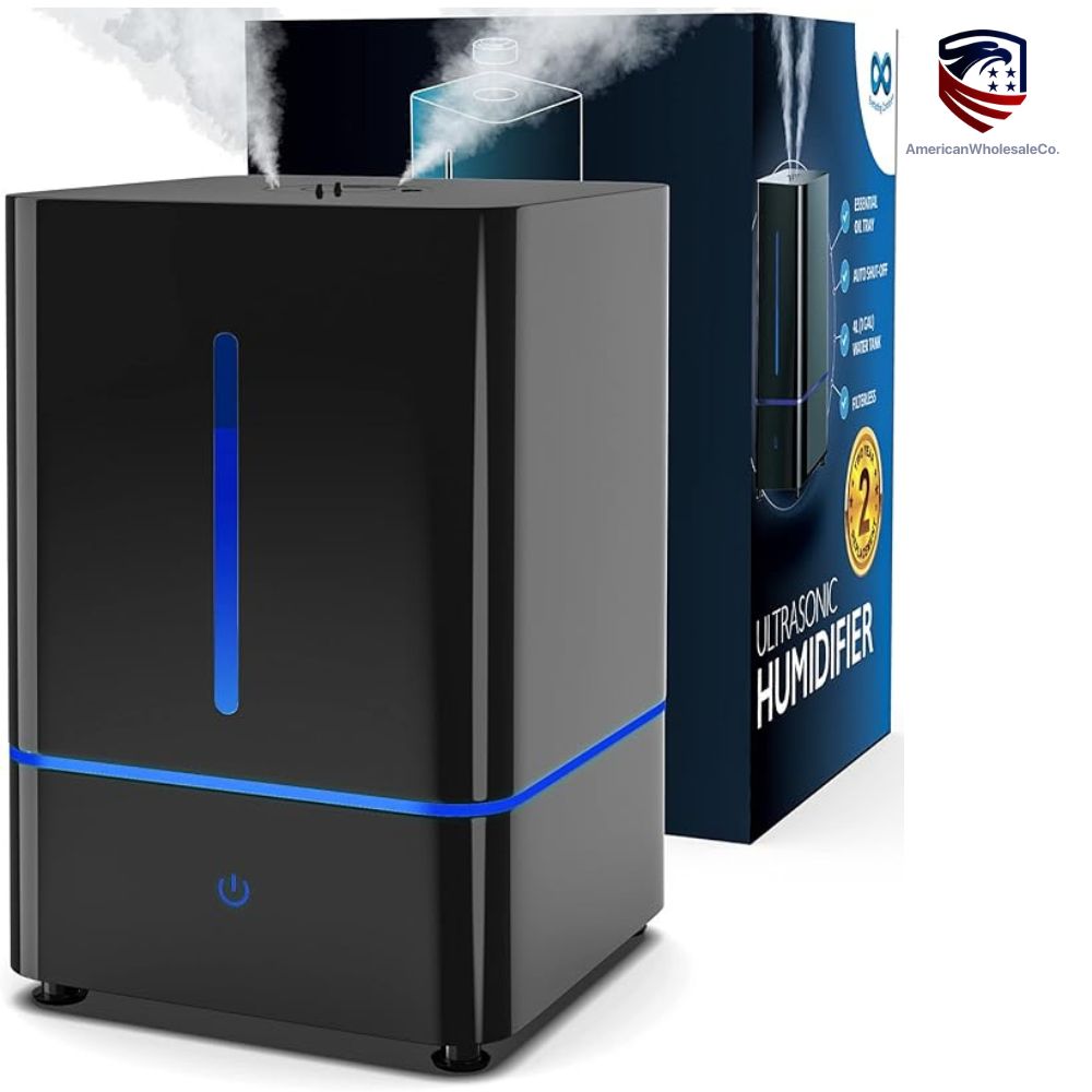 Black ultrasonic humidifier with blue LED night light and 4-liter water tank – quiet mist vaporizer for home, bedroom, or office - pack of 1- wholesale - american wholesale co 
